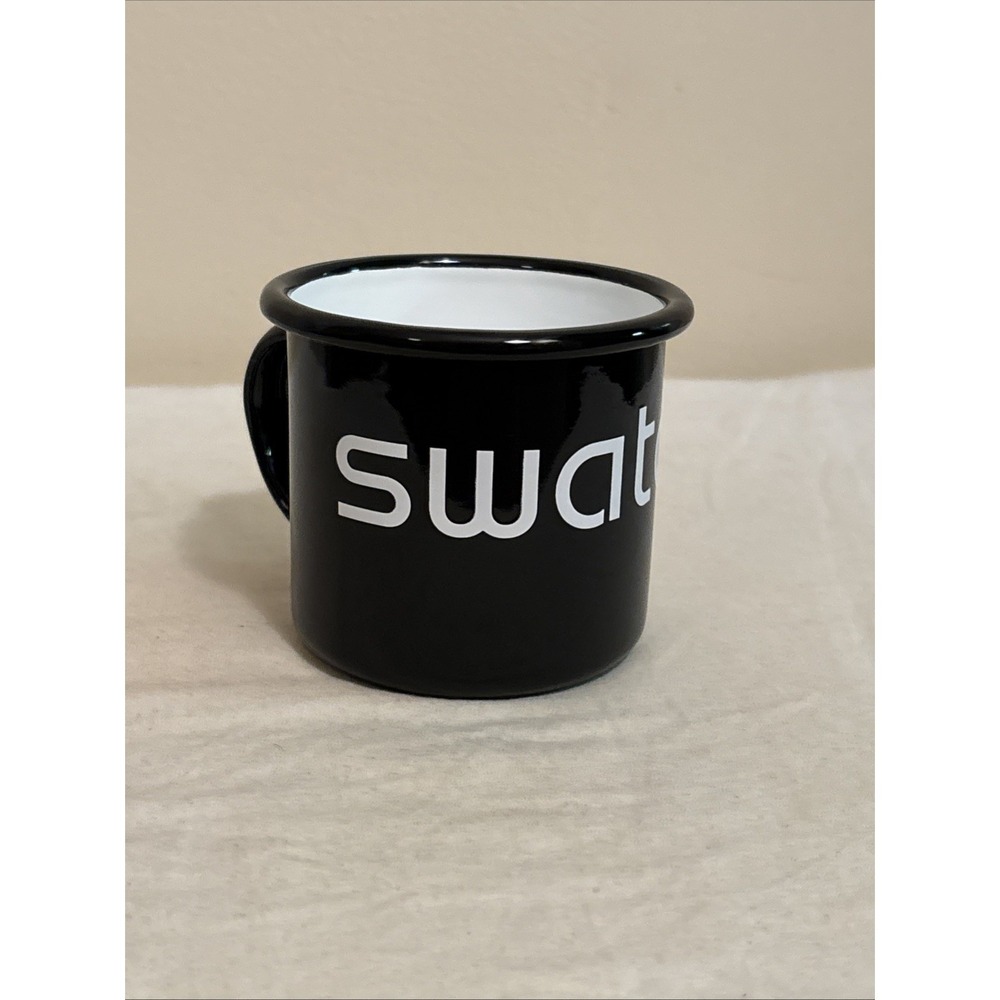 Swatch Watch Logo Promo Black White Enamel Steel Tin Cup Coffee Mug Collectible
